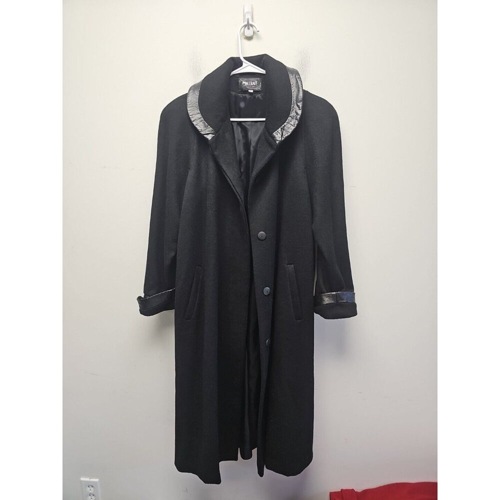 VINTAGE Portrait Women Size‎ 4 Trench Coat Black  Heavyweight Leather Trim
